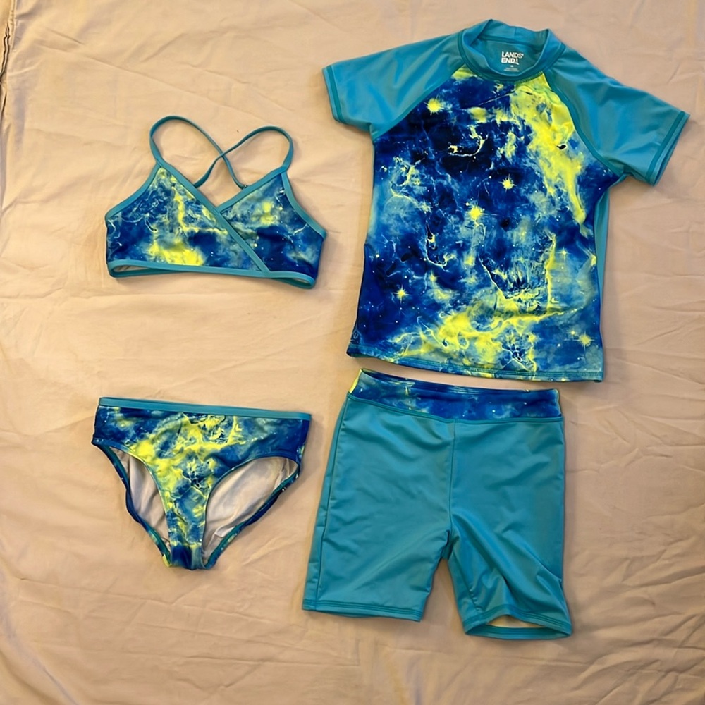 Lands' End Blue and Yellow Rashguard Swim Set